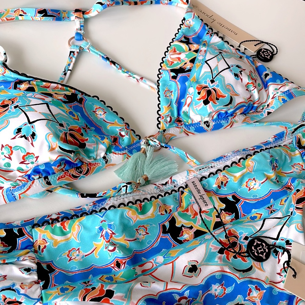 Turquoise light teal pattern Nanette Lepore bikini tassel racer 4 top 10 bottom